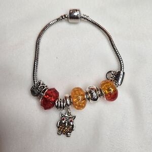 Orange Amber Beaded Silver Tone Owl Charm Bracelet Barrel Clasp Handmade